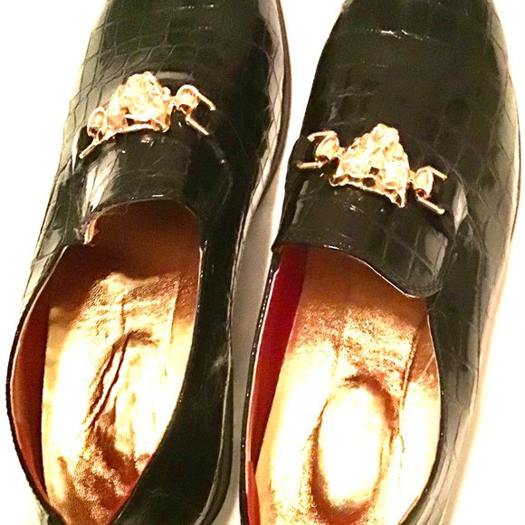 New Mens Lizard Print Black Shoes With Gold Buckle
